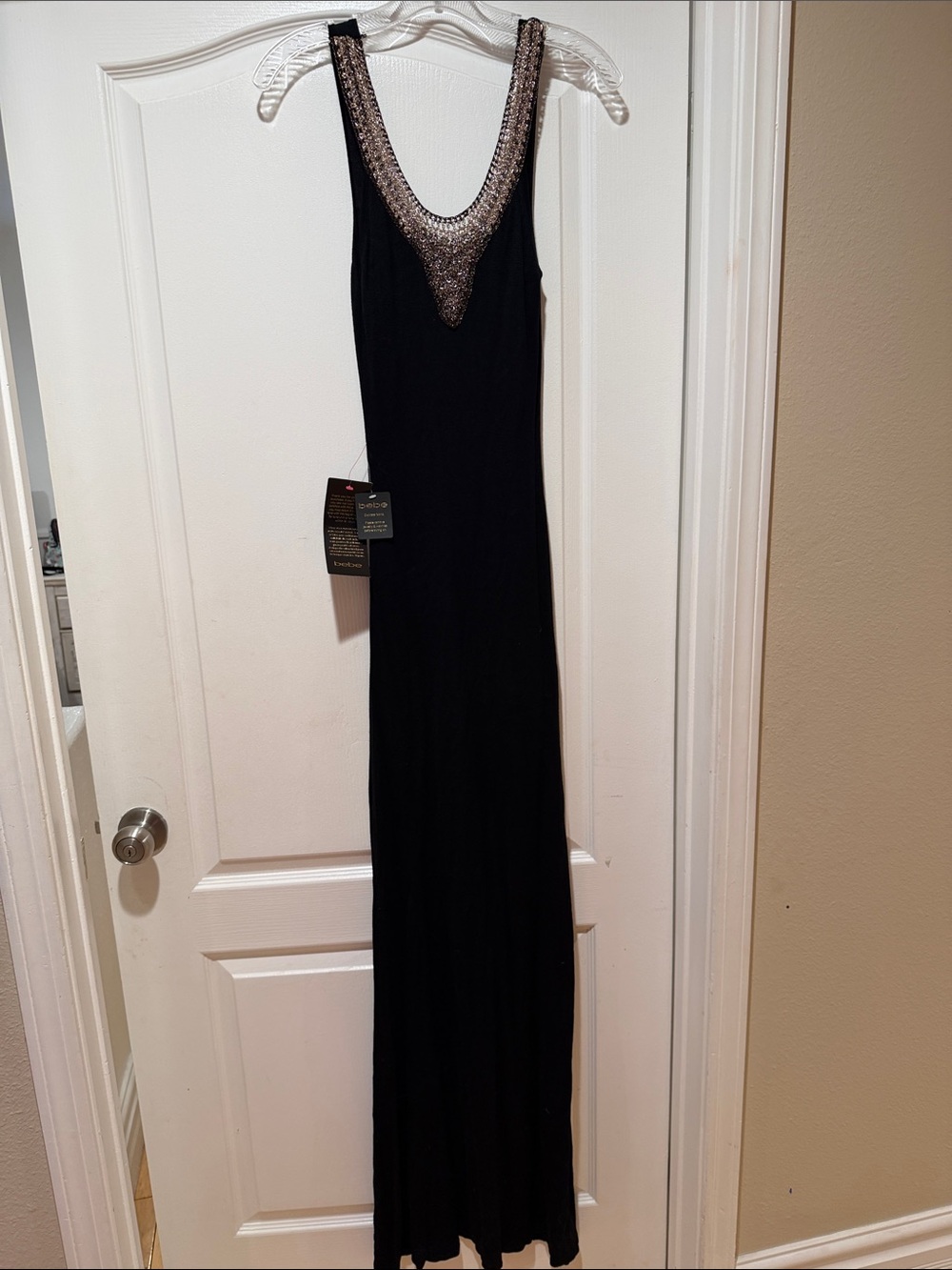 BEBE Black Inset Maxi Dress with Metallic Crochet Neckline